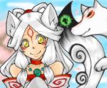  animal_ears bare_shoulders bodypaint dual_persona goddess happy issun japanese_clothes jewelry long_hair lowres magatama necklace okami personification smile tail white_hair wolf wolf_ears wolf_eyes yellow_eyes 