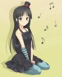  bare_shoulders black_eyes black_hair blue_pantyhose don't_say_lazy dress hashi hat k-on! kneeling long_hair mini_top_hat musical_note pantyhose solo striped top_hat turquoise_pantyhose 