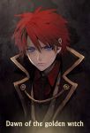  blue_eyes cape male necktie red_hair redhead serious short_hair solo text umineko_no_naku_koro_ni ushiromiya_battler 