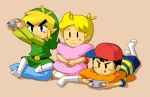  black_hair blonde_hair child controller game_controller gamecube hat link lucas mother_(game) mother_2 mother_3 ness nintendo pillow playing_games pointy_ears super_smash_bros. swammi the_legend_of_zelda tongue toon_link 