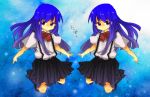  blue_hair bowtie furude_rika hemo higurashi_no_naku_koro_ni long_hair purple_eyes school_uniform skirt smile solo symmetry translated violet_eyes 