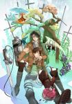  2boys 96nagoro angel_wings ascot belt black_eyes black_hair boots camel cape closed_eyes cross crystal eren_jaeger feet_in_water food fruit gradient highres jacket key knife levi_(shingeki_no_kyojin) multiple_boys nature ocean pomegranate ripples shingeki_no_kyojin short_hair soaking_feet sword tears thigh_strap three-dimensional_maneuver_gear tree volcano water weapon whale wings wire 