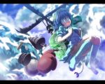  1girl backpack bag blue_eyes blue_hair flying hair_bobbles hair_ornament hat kawashiro_nitori open_mouth short_hair sky solo touhou twintails wrr 
