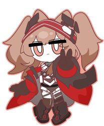  1girl :| absurdres amedrama angelina_(arknights) angelina_(distinguished_visitor)_(arknights) animal_ears arknights black_collar black_footwear black_gloves black_leotard black_socks boots bright_pupils brown_hair closed_mouth coat collar earpiece expressionless fox_ears full_body gloves hairband highres infection_monitor_(arknights) kneehighs leotard long_hair long_sleeves looking_at_viewer no_nose official_alternate_costume open_clothes open_coat pigeon-toed red_coat red_eyes red_hairband simple_background socks solo striped_clothes striped_hairband thigh_strap twintails v white_background white_pupils 