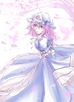 1girl cherry_blossoms hat highres japanese_clothes kakao_(noise-111) looking_back pink_eyes pink_hair saigyouji_yuyuko simple_background touhou triangular_headpiece wide_sleeves 