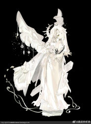  1girl absurdres bag black_background copyright_notice cui_pi_zha_xia_qiu dress erma_(girls'_frontline) full_body girls_frontline halo hands_up head_tilt highres looking_at_viewer petals solo strap strapless strapless_dress teardrop tears veil weibo_logo weibo_username white_dress white_hair wings yellow_eyes 