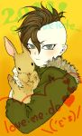  1boy brown_hair coat fudou_akio green_eyes holding_animal inazuma_eleven inazuma_eleven_(series) male mohawk rabbit 