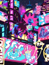  architecture billboard bruxish building chansey city city_lights eiscue eiscue_(ice) froakie glowing highres iron_jugulis lipstick lopunny makeup minior neon_lights night night_sky no_humans one_eye_closed pink_eyes pokemon pokemon_(creature) rare_candy sky slushie taplaos tatsugiri v 