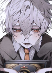  1boy @_@ alternate_costume black_jacket blush book collared_shirt commentary_request crooked_eyewear glasses grey_hair hair_between_eyes highres holding holding_book jacket long_sleeves male_focus missing_tooth necktie omumeshi open_mouth orange_eyes orange_necktie round_eyewear shirt simple_background skully_j._graves sweat twisted_wonderland white_background white_shirt 