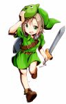  &gt;:d 1girl :d adapted_costume belt boots brown_hair cosplay dated green_eyes hat headphones headphones_around_neck idolmaster idolmaster_cinderella_girls link link_(cosplay) mask_on_head nagian open_mouth shield smile solo sword tada_riina the_legend_of_zelda triforce weapon 