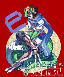  1boy animal_hands black_hair chinese_zodiac commentary_request crossed_legs fang fang_out forked_tongue full_body green_eyes green_scales japanese_clothes ketaru kimono male_focus mask mask_on_head mechanical_legs monster_boy new_year original pointy_ears red_background short_hair shorts sitting sitting_on_own_tail sitting_on_tail slit_pupils snake_boy snake_mask snake_tail solo tail tongue translation_request very_long_tail white_kimono year_of_the_snake 