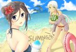  2girls back ball beach blue_eyes brown_hair clouds dolphin double_bun flower hair_flower hair_ornament innertube legs long_hair looking_back multiple_girls nail_polish navel ocean ponytail red_topaz sandals short_hair sky smile swimsuit water white_hair yellow_eyes 