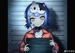  1girl absurdres azusa_(vtuber) azusa_official bandage_on_face bandages blood blood_on_face blood_on_mask blue_hair cat_mask chuansongdai collar hair_ornament hairclip highres jumpsuit looking_at_viewer mask mask_on_head mugshot nijisanji orange_jumpsuit orange_shirt pillarboxed prison_clothes shirt solo virtual_youtuber virtuareal weibo_logo weibo_username yellow_eyes 
