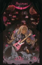  1girl absurdres bang_dream! bang_dream!_it&#039;s_mygo!!!!! black_dress blonde_hair chain character_doll character_name chinese_commentary commentary_request crying crying_with_eyes_open curtains dress electric_guitar frilled_dress frills full_body guitar highres holding holding_guitar holding_instrument instrument long_hair long_sleeves looking_at_viewer mortis_(bang_dream!) neck_ribbon parted_lips qua_zhi_jingbao_wajue_ji ribbon sidelocks sitting solo tears wakaba_mutsumi yellow_eyes 