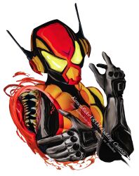 1boy antennae armor character_name compound_eyes english_text extra_mouth food highres kamen_rider kamen_rider_gavv_(series) kamen_rider_vram male_focus obakelope0530 open_mouth pudding sharp_teeth teeth upper_body