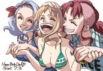  3girls bellemere blue_hair breasts cleavage closed_eyes family grin happy happy_birthday holding_hands kyakya long_hair multiple_girls nami nojiko one_piece orange_hair redhead smile tattoo 