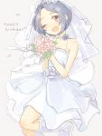  blue_hair bouquet dress flower idolmaster mcyu miura_azusa short_hair smile violet_eyes wedding_dress wink 