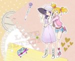  2girls :d blonde_hair butadon character_name closed_eyes couple fresh_precure! happy hat higashi_setsuna holding holding_hat jewelry momozono_love multiple_girls music_box open_mouth paper pendant precure purple_hair smile standing standing_on_one_leg star starry_background twintails yuri 