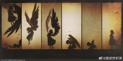  1girl absurdres angel_wings ascending barefoot commentary company_name copyright_notice cui_pi_zha_xia_qiu dress english_commentary erma_(girls'_frontline) feathers flying from_side girls_frontline hands_on_own_chest highres kneeling large_wings long_sleeves medium_hair official_art silhouette simple_background spoilers standing weibo_logo weibo_username wing_growth wings 