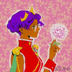  1girl aiguillette bindi chinese_commentary crown dark-skinned_female dark_skin dated earrings epaulettes fingernails floating_earring flower gold_earrings highres himemiya_anthy holding holding_flower jewelry purple_hair rectangular_eyewear red_wrist_cuffs shoujo_kakumei_utena solo teardrop_earrings white_flower windychariot wrist_cuffs 