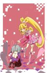  1boy 1girl :d ahoge aida_mana blonde_hair blue_hair comforting cure_heart dokidoki!_precure ghost half_updo ira_(dokidoki!_precure) knees_to_chest long_hair open_mouth outstretched_hand pink_eyes ponytail precure sad short_hair sitting smile standing w00p yellow_eyes 