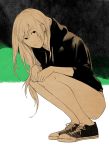  1girl blonde_hair hoodie light_smile long_hair looking_at_viewer monochrome no_panties original shoes sneakers solo spot_color squatting yoichi_(pixiv55050) 