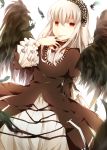  1girl cross doll_joints dress feathers flower frills gothic_lolita hairband lolita_fashion long_hair long_sleeves puffy_sleeves red_eyes ribbon rozen_maiden silver_hair smile solo suigintou white_background wings 