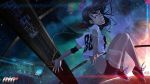  1girl black_hair dog_tags earphones floating jersey knees_up long_hair looking_at_viewer midriff shorts solo space sunset 