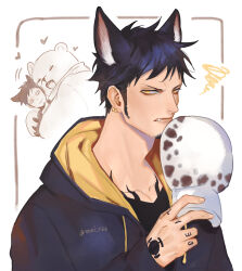  2boys absurdres angry animal_ears bear_boy bepo black_hair black_hoodie chest_tattoo closed_mouth collarbone extra_ears facial_hair fang furry furry_male goatee hand_tattoo hat highres holding holding_hat holding_unworn_clothes hood hood_down hoodie hug long_sideburns looking_at_viewer male_focus multiple_boys one_piece rami_rz short_hair sideburns squiggle tattoo trafalgar_law white_hat wolf_ears yellow_eyes 