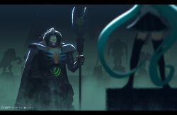  1boy 1girl black_skirt black_thighhighs blue_hair closed_mouth crossover english_commentary hatsune_miku highres holding holding_staff long_hair miniskirt necron parody robot skirt staff standing thefearmaster thigh-highs trazyn_the_infinite twintails very_long_hair vocaloid warhammer_40k 