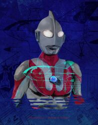  alien blue_background blueprint_(object) blueprint_background color_timer colored_skin dorsal_fin english_text highres multicolored_skin obakelope0530 red_skin silver_skin tokusatsu ultra_series ultraman ultraman_(1st_series) upper_body 