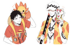  2boys arm_tattoo bepo character_request chest_tattoo closed_mouth commentary facial_hair goatee hat hat_over_one_eye hawaiian_shirt holding holding_sword holding_weapon long_sideburns male_focus monkey_d._luffy multiple_boys one_eye_closed one_piece pectorals rami_rz scar scar_on_face shirt sideburns sunglasses sword t-shirt tattoo trafalgar_law weapon white_background white_hat 