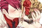  1boy 1girl bare_shoulders beatrice blush cheek_kiss choker closed_eyes collared_shirt couple flower hair_bun hair_flower hair_ornament hand_in_hair heart hetero kiss lovemaronmeru0827 necktie rose umineko_no_naku_koro_ni ushiromiya_battler 