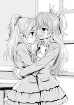  2girls :d blush couple half_updo hand_on_another&#039;s_chest hand_on_shoulder happy houjou_hibiki hug long_hair minamino_kanade monochrome multiple_girls ooshima_tomo open_mouth precure school_uniform smile suite_precure two_side_up window wink yuri 