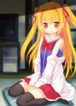  1girl black_legwear blonde_hair blush flat_chest ico_(green_bullet) irotoridori_no_sekai long_hair looking_at_viewer nikaidou_shinku red_eyes sitting skirt solo thighhighs wariza 