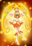  1girl blonde_hair boots choker cure_sunshine hair_ribbon heart heartcatch_precure! hyt178 long_hair looking_at_viewer magical_girl midriff myoudouin_itsuki navel open_mouth precure ribbon skirt solo twintails yellow_background yellow_eyes 