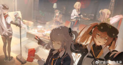  404_(girls'_frontline) 6+girls :d andoris_(girls'_frontline_2) baseball_cap beret blonde_hair blurry broom brown_hair chinese_new_year couch depth_of_field fashi_laizi_weilai food g11_(girls'_frontline) g28_(girls'_frontline) girls'_frontline_2:_exilium girls_frontline green_hair green_jacket grey_hair hat head-mounted_display highres hk416_(girls'_frontline) holding holding_plate hongbao jacket leva_(girls'_frontline_2) looking_at_viewer multiple_girls one_eye_closed plate ponytail scar scar_across_eye sitting sleeping smile table twintails type_97_shotgun_(girls'_frontline) ump45_(girls'_frontline) ump9_(girls'_frontline) v weibo_logo weibo_username window 