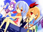 4girls :o alternate_costume alternate_hairstyle ana_dogukishi bare_shoulders bat_wings bikini blonde_hair blue_hair blurry blush braid breasts cleavage crescent depth_of_field fang flandre_scarlet hair_ribbon highres izayoi_sakuya large_breasts looking_at_viewer multiple_girls no_hat one-piece_swimsuit open_mouth patchouli_knowledge pointy_ears ponytail popsicle red_eyes remilia_scarlet ribbon short_hair sideboob soaking_feet swimsuit topless touhou wings 