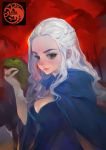  1girl a_song_of_ice_and_fire breasts cape cleavage cloak daenerys_targaryen dragon green_eyes jewelry long_hair rhaegal ring truelion white_hair 