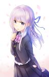  1girl braid cherry_blossoms dangan_ronpa hair_ribbon highres kirigiri_kyouko long_hair open_mouth petals purple_hair ribbon single_braid skirt solo v_mgmg violet_eyes 