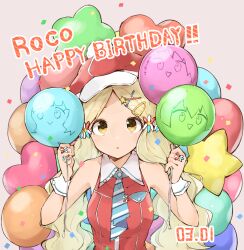  1girl armpits balloon bare_shoulders belt blue_necktie breast_pocket breasts brown_hair character_balloon collar collarbone collared_dress confetti dated diagonal-striped_clothes diagonal-striped_necktie dot_nose dress fluffy_hair getsuyoubi_no_cream_soda_(idolmaster) hair_ornament hairpin handa_roco hands_up happy_birthday hat heart_balloon highres holding holding_balloon idolmaster idolmaster_million_live! idolmaster_million_live!_theater_days jelly_pop_beans light_blush long_hair looking_at_viewer maihama_ayumu maverick_(muruchin) nagayoshi_subaru necktie official_alternate_costume parted_bangs parted_lips pocket red_belt red_dress simple_background sleeveless sleeveless_dress small_breasts star_balloon striped_clothes suou_momoko tam_o'_shanter too_many_balloons twintails upper_body very_long_hair wavy_hair white_collar x_hair_ornament yellow_eyes 