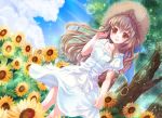  1girl brown_eyes brown_hair dress flower happy hat long_hair moyashi_n0_mori sky smile solo sunflower tree 
