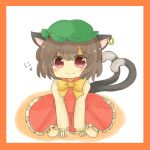  1girl animal_ears bow brown_hair cat_ears cat_tail chen ear_piercing frame hat iwari_(kerokeroboushi) jewelry looking_at_viewer multiple_tails piercing red_eyes shirt single_earring sitting skirt skirt_set smile solo tail touhou v_arms vest wariza 