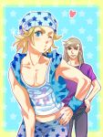  2boys beanie blonde_hair blue_eyes casual clothes_writing grey_hair gyro_zeppeli hat highres hoodie johnny_joestar jojo_no_kimyou_na_bouken long_hair multiple_boys sasamaru_(sasamaru) steel_ball_run vest wink 