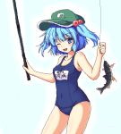  1girl blue_eyes blue_hair breasts fish fishing fishing_rod gomi_(gomitin) hair_bobbles hair_ornament hat holding holding_fishing_rod kawashiro_nitori name_tag one-piece_swimsuit open_mouth school_swimsuit short_hair smile solo swimsuit touhou twintails wink 