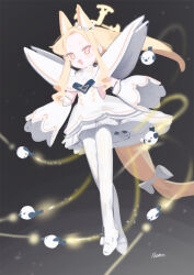  1girl adapted_costume animal_ears armor bird black_background blonde_hair blue_archive blush clothing_cutout commentary crossed_ankles detached_sleeves dress floating floating_hair forehead fox_ears fox_girl fox_tail full_body halo laser long_hair looking_at_viewer nemo_(leafnight) open_mouth pantyhose pauldrons pink_eyes plantar_flexion projectile_trail seia_(blue_archive) short_dress shoulder_armor side_cutout sleeves_past_fingers sleeves_past_wrists smile solo symbol-only_commentary tail v-shaped_eyebrows white_dress white_pantyhose wide_sleeves 