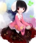 1girl animal_ears black_hair cosplay dress faux_traditional_media houraisan_kaguya houraisan_kaguya_(cosplay) inaba_tewi japanese_clothes long_sleeves looking_at_viewer maccha_cocoa multicolored_background open_mouth rabbit_ears red_eyes short_hair solo touhou wide_sleeves 