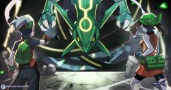  1boy 1girl bandana beanie bike_shorts black_hair black_pants brendan_(pokemon) brown_hair claws clenched_hand commentary dress fanny_pack fingerless_gloves gloves green_bag green_bandana hat may_(pokemon) orange_dress orlek outstretched_arm pants poke_ball pokemon pokemon_(creature) pokemon_emerald pokemon_rse premier_ball rayquaza shirt short_dress short_hair short_sleeves short_twintails twintails yellow_eyes 