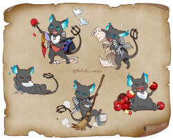  animal apple bird blue_eyes broom brown_background cleaning commentary_request creature dove eating exercising food fruit funuyu grim_(twisted_wonderland) highres holding holding_broom holding_food holding_fruit looking_at_viewer magic_trick multiple_views neck_ribbon paper_background ribbon sit-up test_score twisted_wonderland 