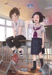  1boy 1girl black_hair blush brown_eyes bucket closed_eyes crying desk highres messy open_mouth original school_uniform serafuku shoe_removed short_hair sitting skirt slap_mark taka_(tsmix) tears 